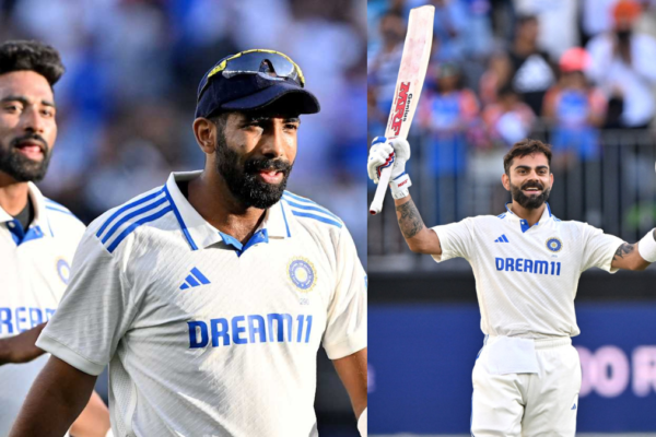 Virat Kohli celebrates his unbeaten century against Australia during the Perth Test.