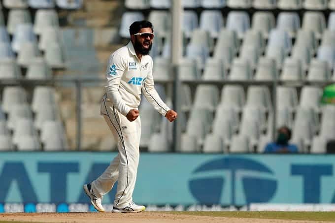 Ajaz Patel celebrates a wicket against India during the third Test