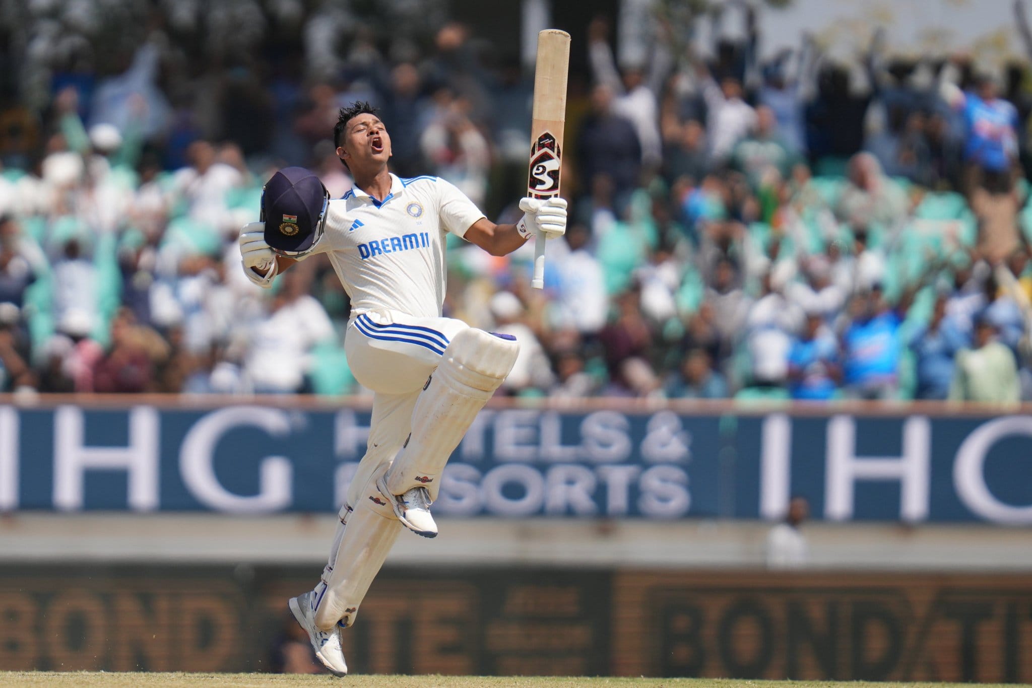 Yashasvi Jaiswal celebrating his Test debut century against the West Indies in 2023.