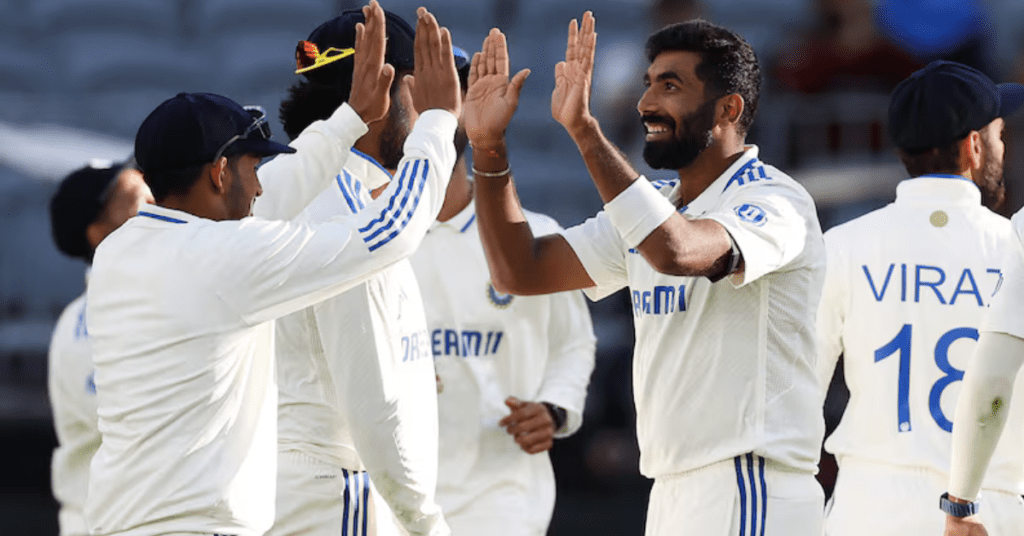 Jasprit Bumrah celebrates after taking a wicket during IND vs AUS Perth Test Day 1.