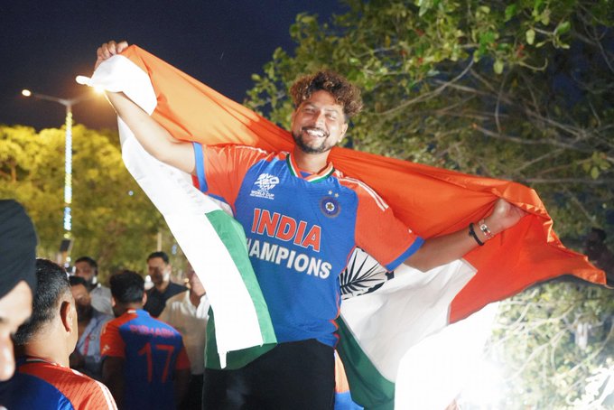 Kuldeep Yadav reacts during the ICC 2023 ODI World Cup final against Australia at the Narendra Modi Stadium.