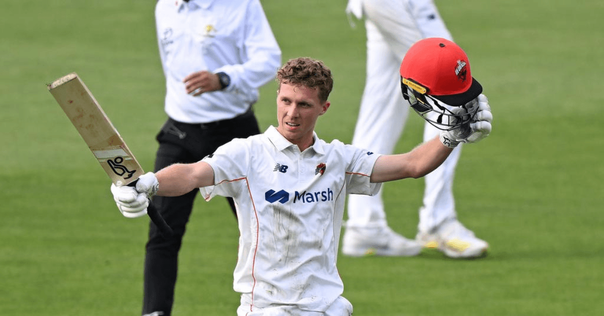 Nathan McSweeney celebrates a century in the Shield match against Tasmania.