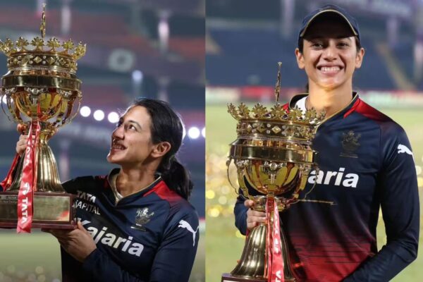 Smriti Mandhana triumphantly receiving the Sportswoman of the Year award at the 2024 Indian Sports Honours.