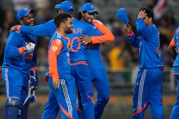 Indian cricket team celebrates after winning the 2024 T20 World Cup, showing their dominance in T20 cricket.