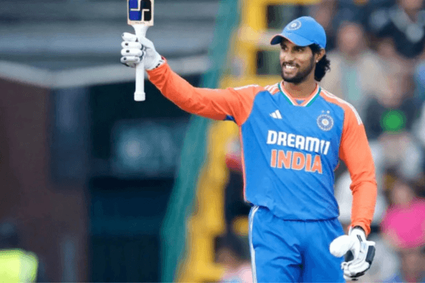 Tilak Varma celebrating a century in the T20I series vs. South Africa