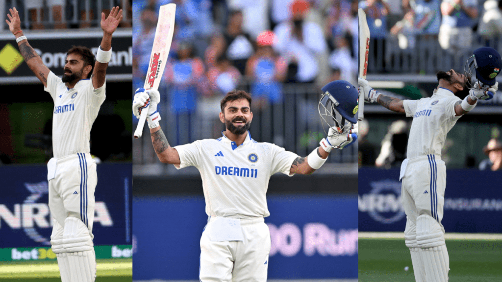 Virat Kohli celebrates his 30th Test century against Australia at Optus Stadium.