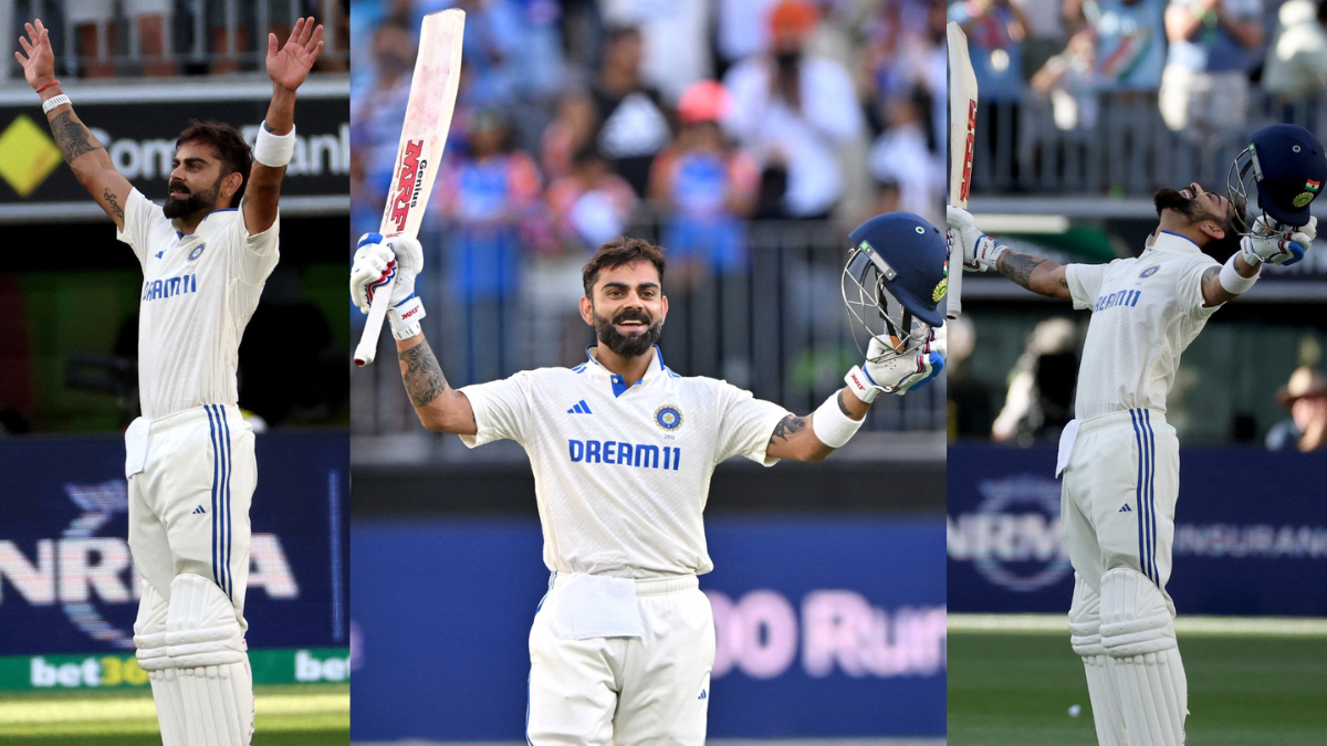 Virat Kohli celebrates his 30th Test century against Australia at Optus Stadium.