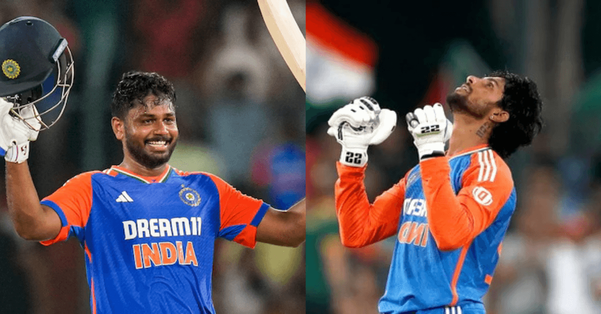 Tilak Varma and Sanju Samson celebrate their centuries in India's record T20 win over South Africa in Johannesburg.