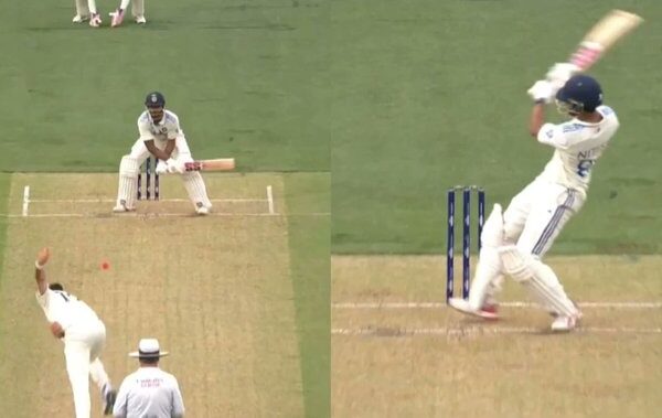 Nitish Reddy reverse ramps Scott Boland for six in the Adelaide Test.