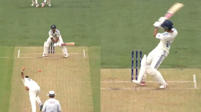 Nitish Reddy reverse ramps Scott Boland for six in the Adelaide Test.