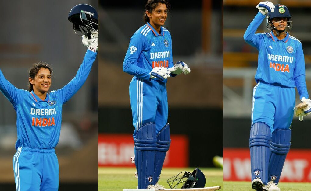 Smriti Mandhana celebrates her ninth ODI century against Australia at the WACA.