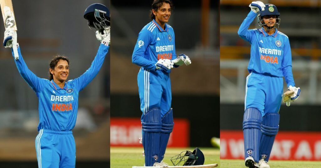 Smriti Mandhana celebrates her ninth ODI century against Australia at the WACA.