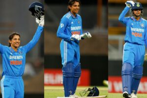 Smriti Mandhana celebrates her ninth ODI century against Australia at the WACA.