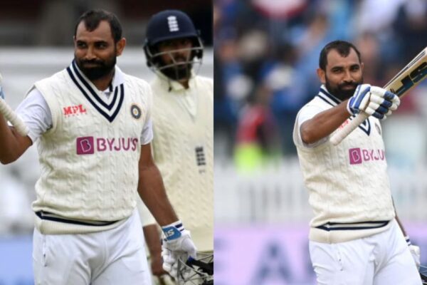 Mohammed Shami celebrates his maiden Test fifty at Lord’s after smashing a 92-metre six against England in the 2021 Test match.