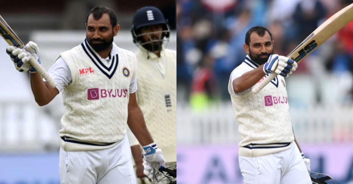 Mohammed Shami celebrates his maiden Test fifty at Lord’s after smashing a 92-metre six against England in the 2021 Test match.